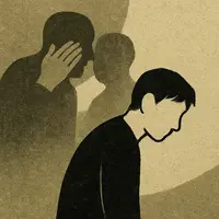 Whispering figures in shadow, one with a hand over their mouth, face a solitary man in profile as a red line links them.