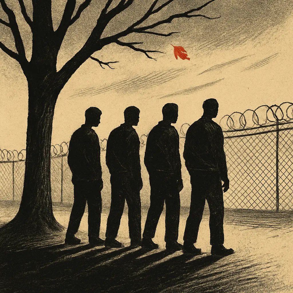 Four silhouetted men stand under a bare tree near a barbed-wire fence, with a single red leaf falling above them.