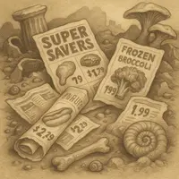 Supermarket flyers with food prices lie among fossils, bones, and mushrooms on a sepia-toned, dirt-strewn ground.