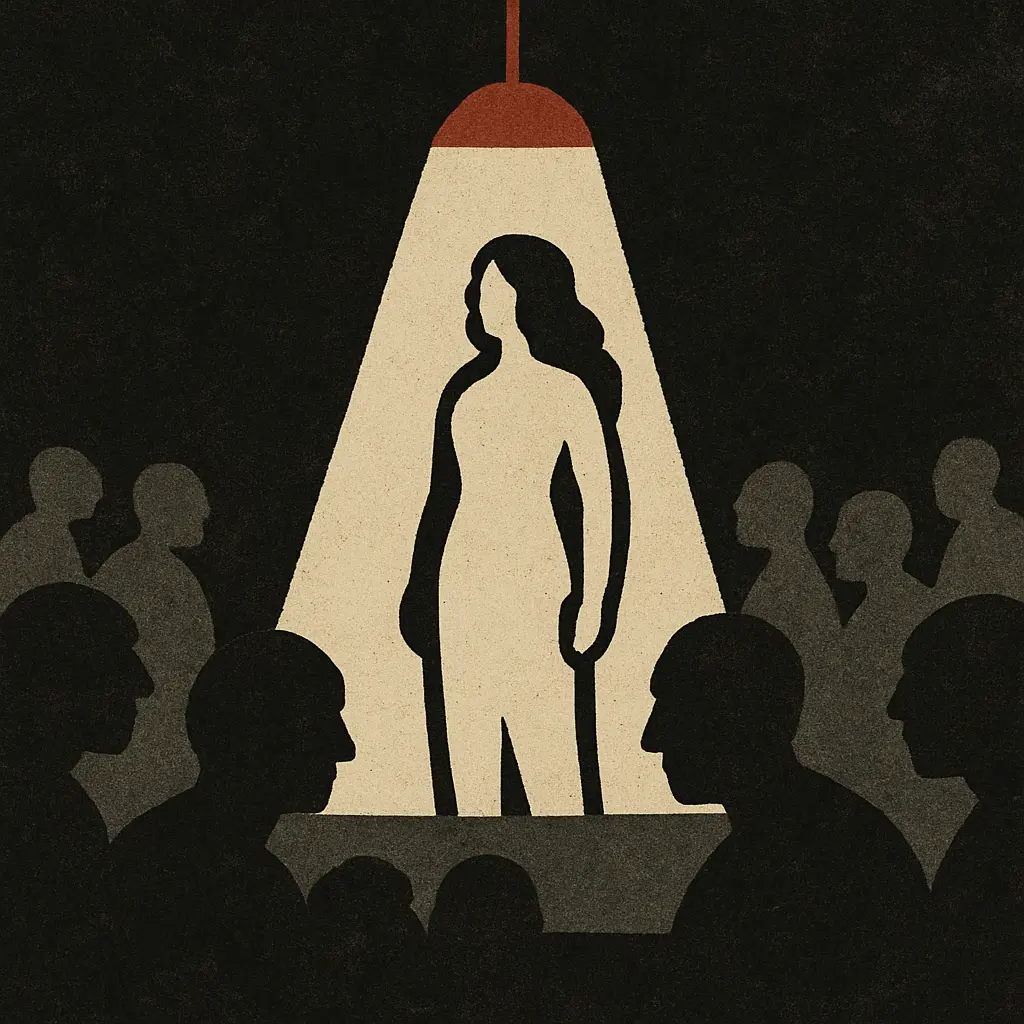 Feminine figure alone under red spotlight in prison cafeteria surrounded by male silhouettes