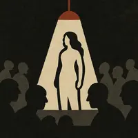 Feminine figure alone under red spotlight in prison cafeteria surrounded by male silhouettes