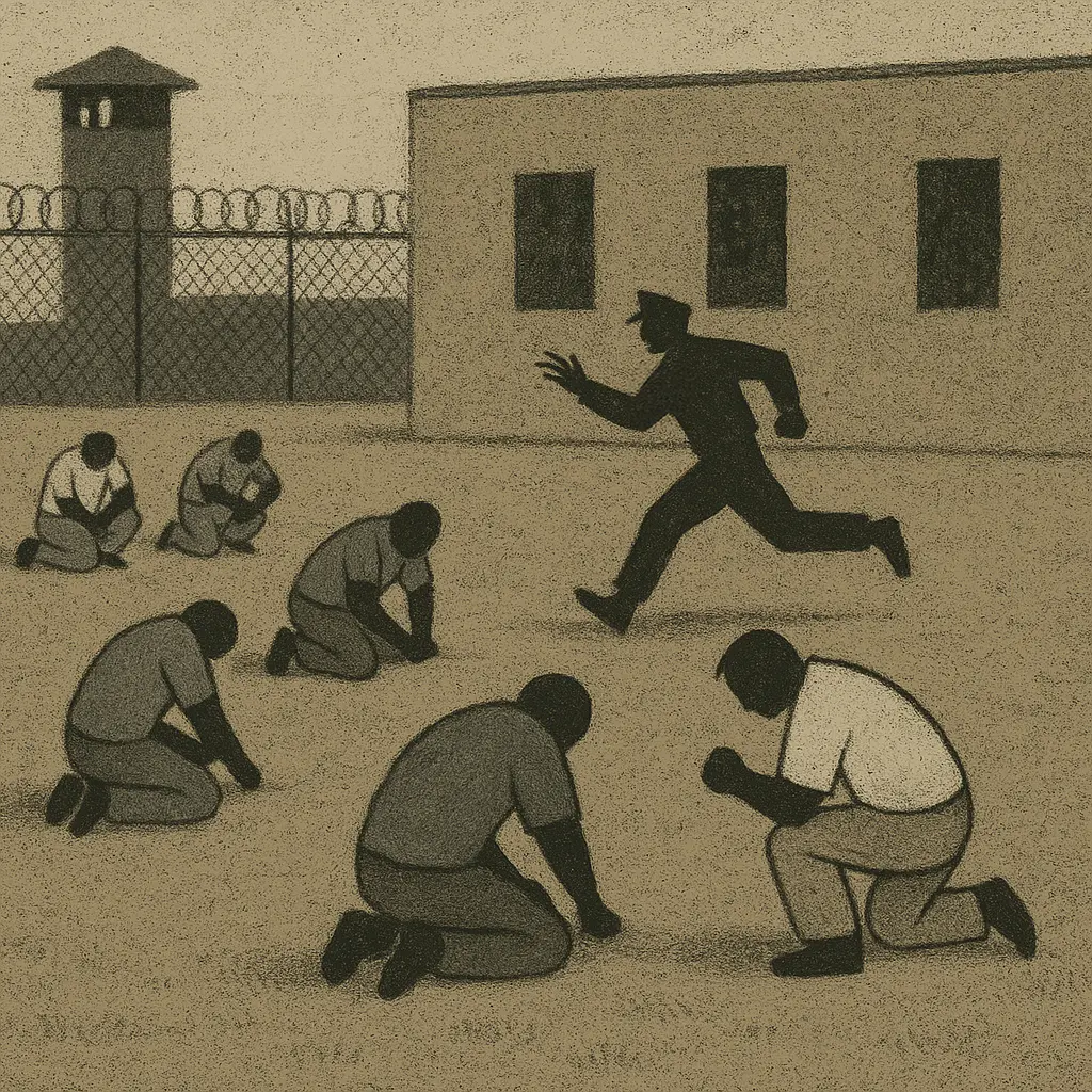 Prison yard lockdown with inmates crouching and guard running across compound