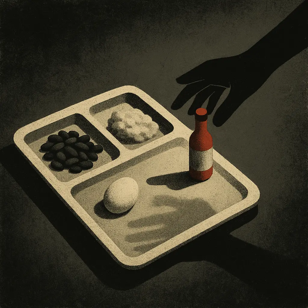 Prison meal tray with beans, vegetables, and egg; hand offering red hot sauce bottle