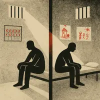 Two silhouetted men sit in side-by-side prison cells; one has a calendar marked with red Xs, the other has children’s drawings on the wall