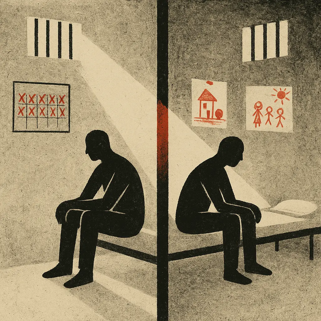 Two silhouetted men sit in side-by-side prison cells; one has a calendar marked with red Xs, the other has children’s drawings on the wall