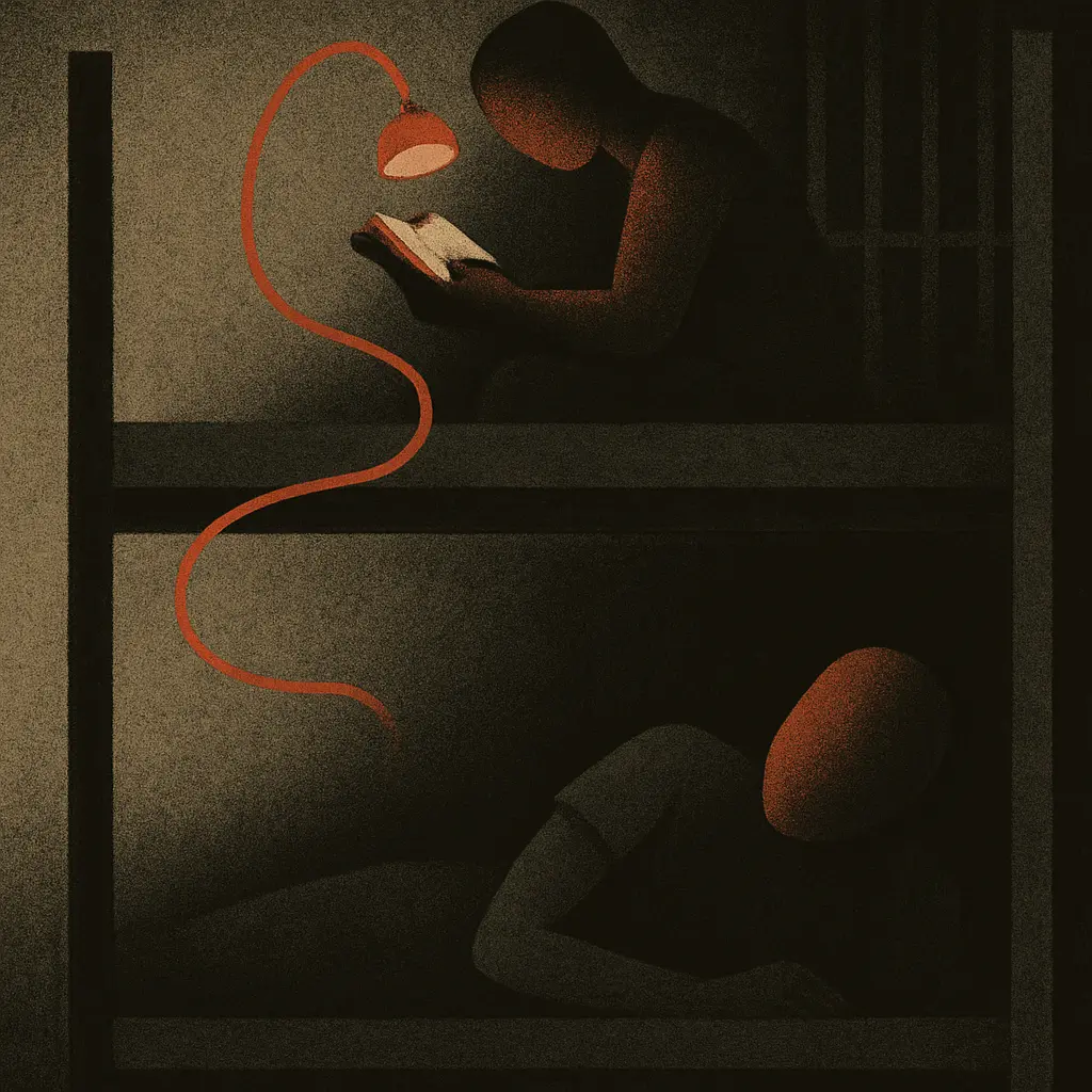Two inmates in prison cell, one reading on top bunk with lamp, other reclining below looking up
