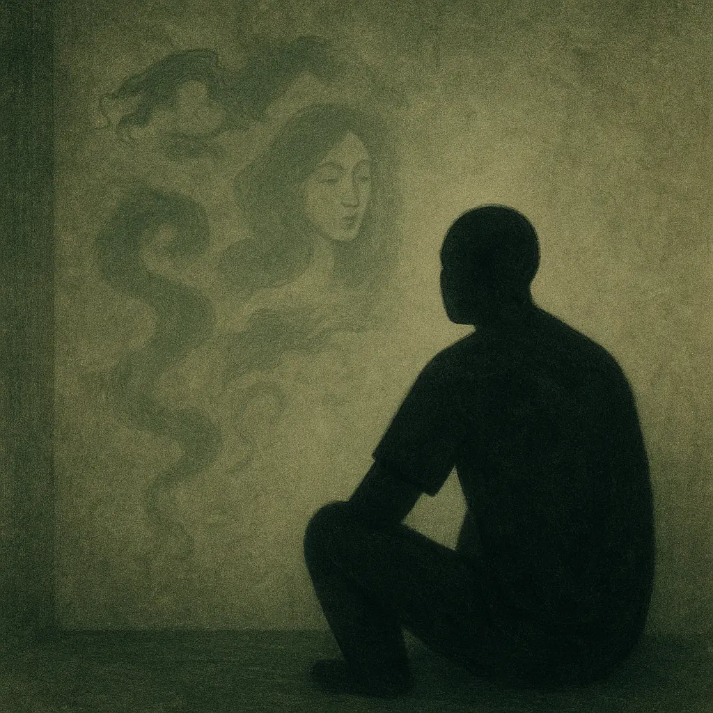 Prisoner sitting alone in dark prison cell, looking at textured concrete wall