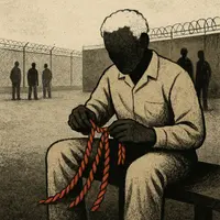 Man in prison uniform braiding red candy ropes on bench in yard, with shadowy figures watching near fence and concrete wall