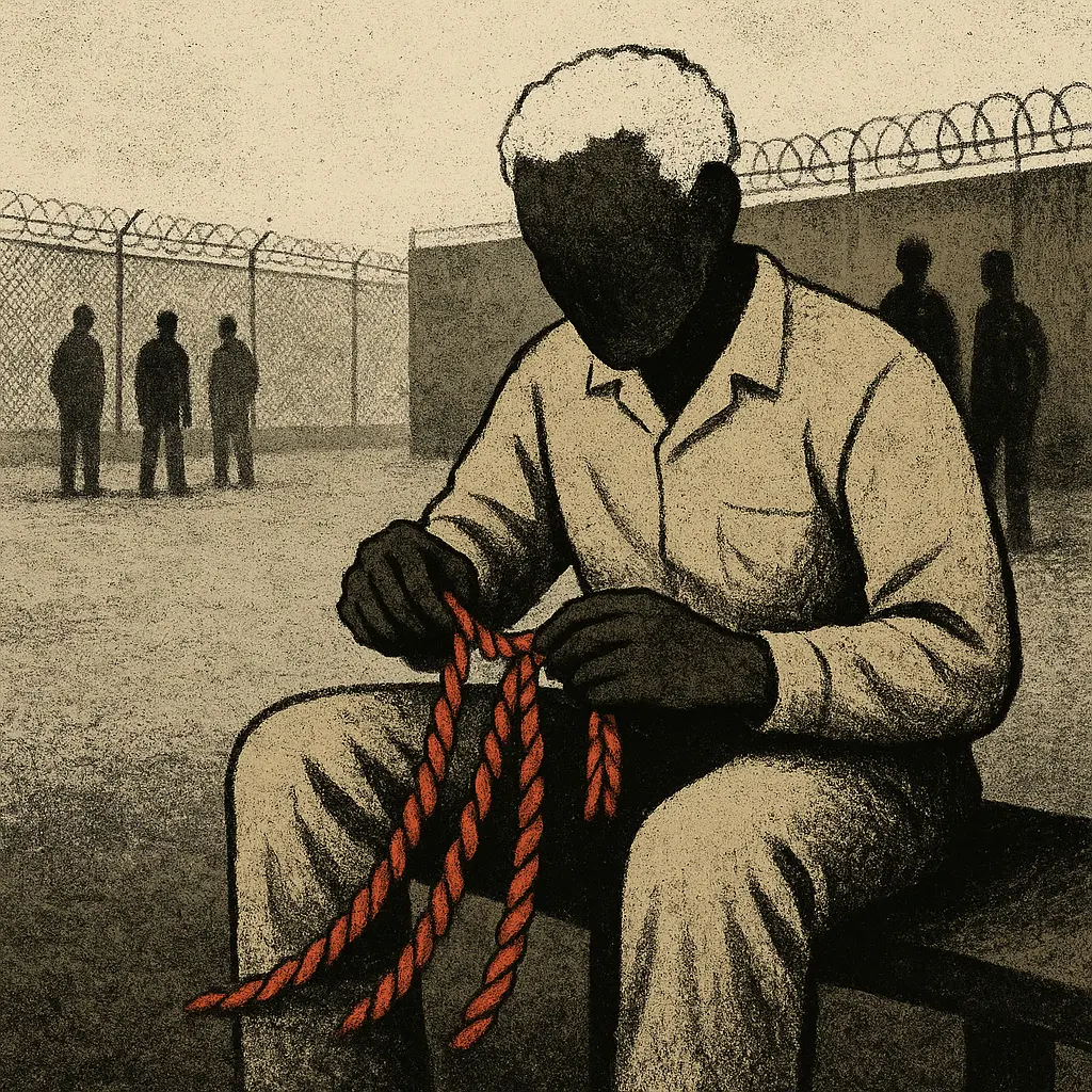 Man in prison uniform braiding red candy ropes on bench in yard, with shadowy figures watching near fence and concrete wall