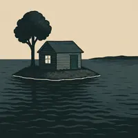 Small cabin on a tiny island with a single tree, surrounded by calm dark water under an empty sky.