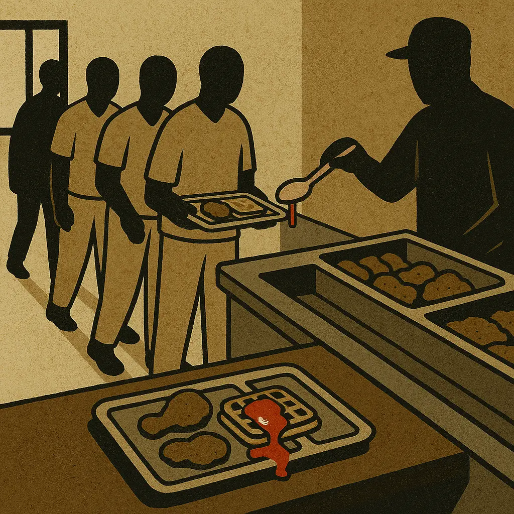 Prison chow line with inmates waiting for food, server ladling syrup onto waffles beside fried chicken