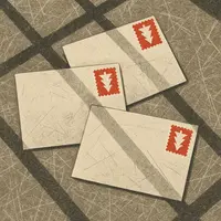 Three cream-colored envelopes with red Christmas tree stamps on a scratched surface crossed by dark prison bar shadows.