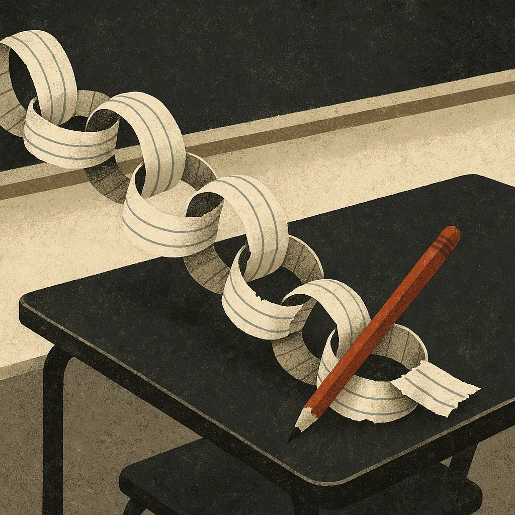 Torn notebook paper chain across classroom desk with red pencil wedged between links