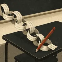 Torn notebook paper chain across classroom desk with red pencil wedged between links