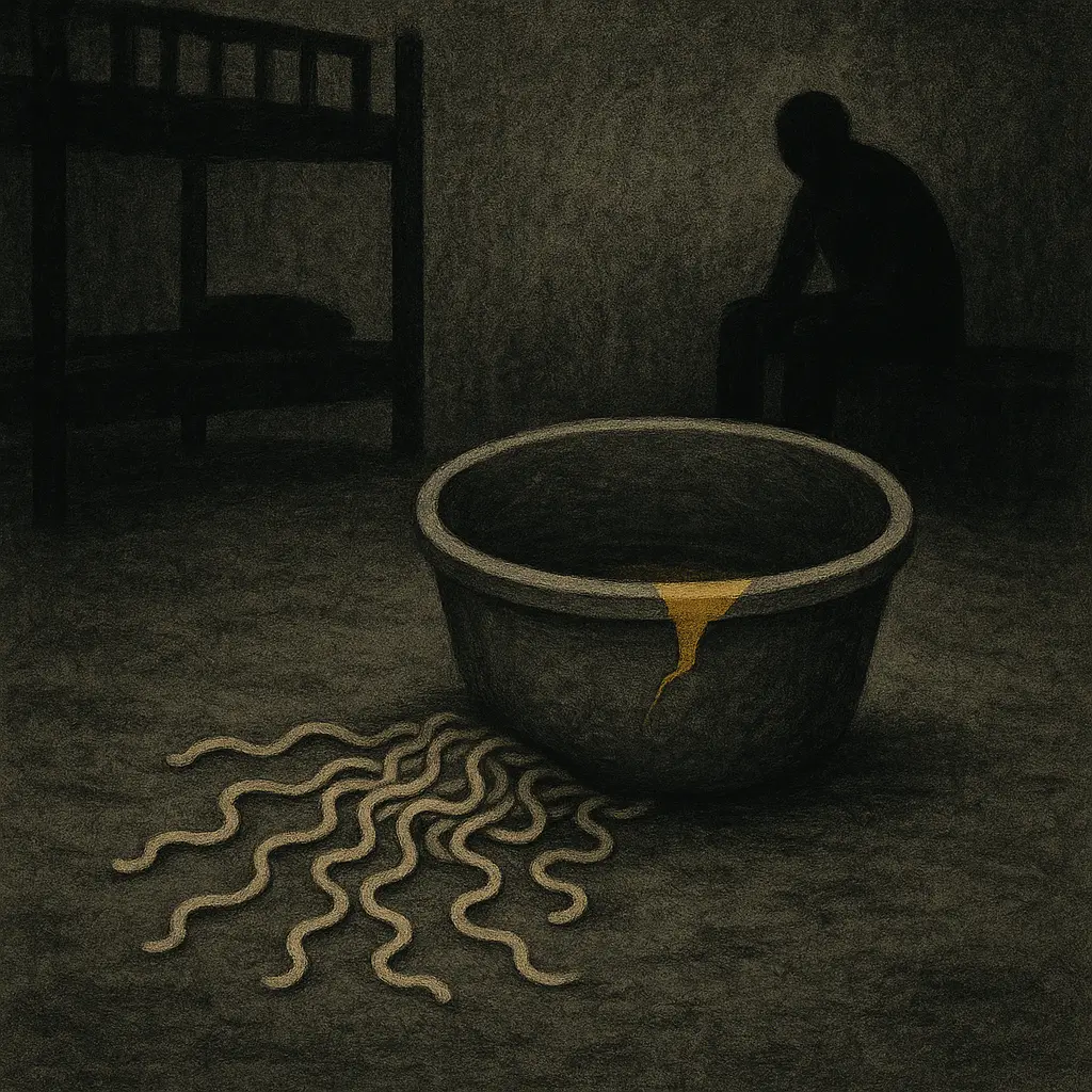 Spilled Tupperware bowl with scattered ramen noodles on cell floor, hunched figure on lower bunk