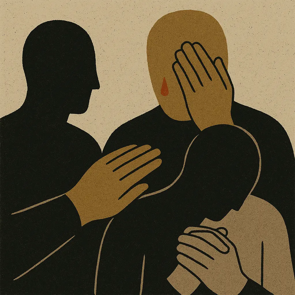 Three faceless figures with hand gestures, one wiping red tear