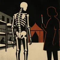 Prison dormitory with skeletal inmate figure, nurse holding testing swab, quarantine tent