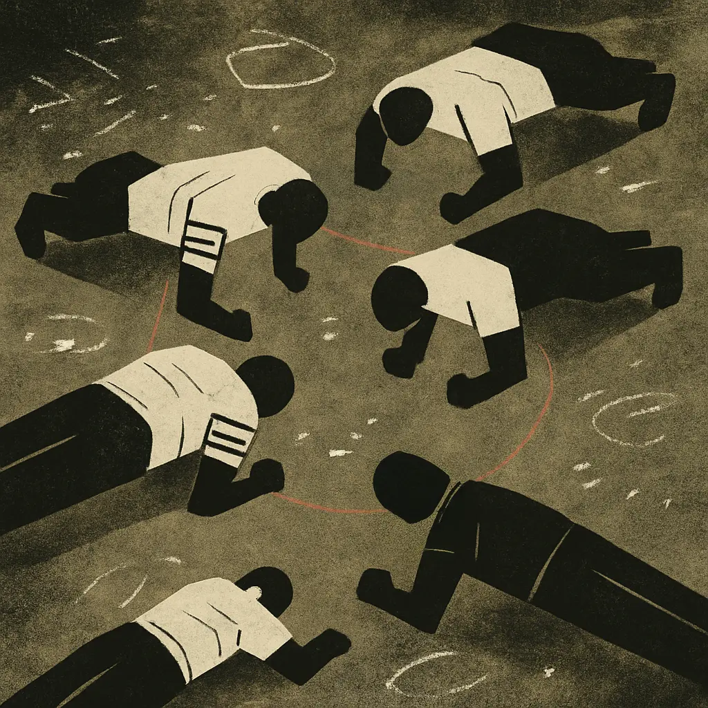 Five men in prison uniforms hold plank positions on a gritty gym floor.