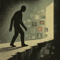 Faceless figure on decaying digital bridge above void of online pornography icons