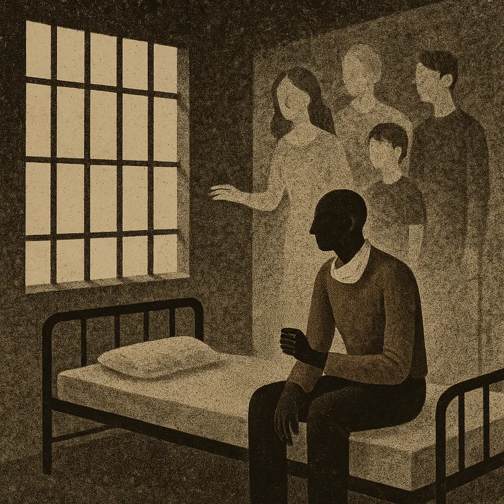 Prisoner on bunk bed with family figures visible outside barred window