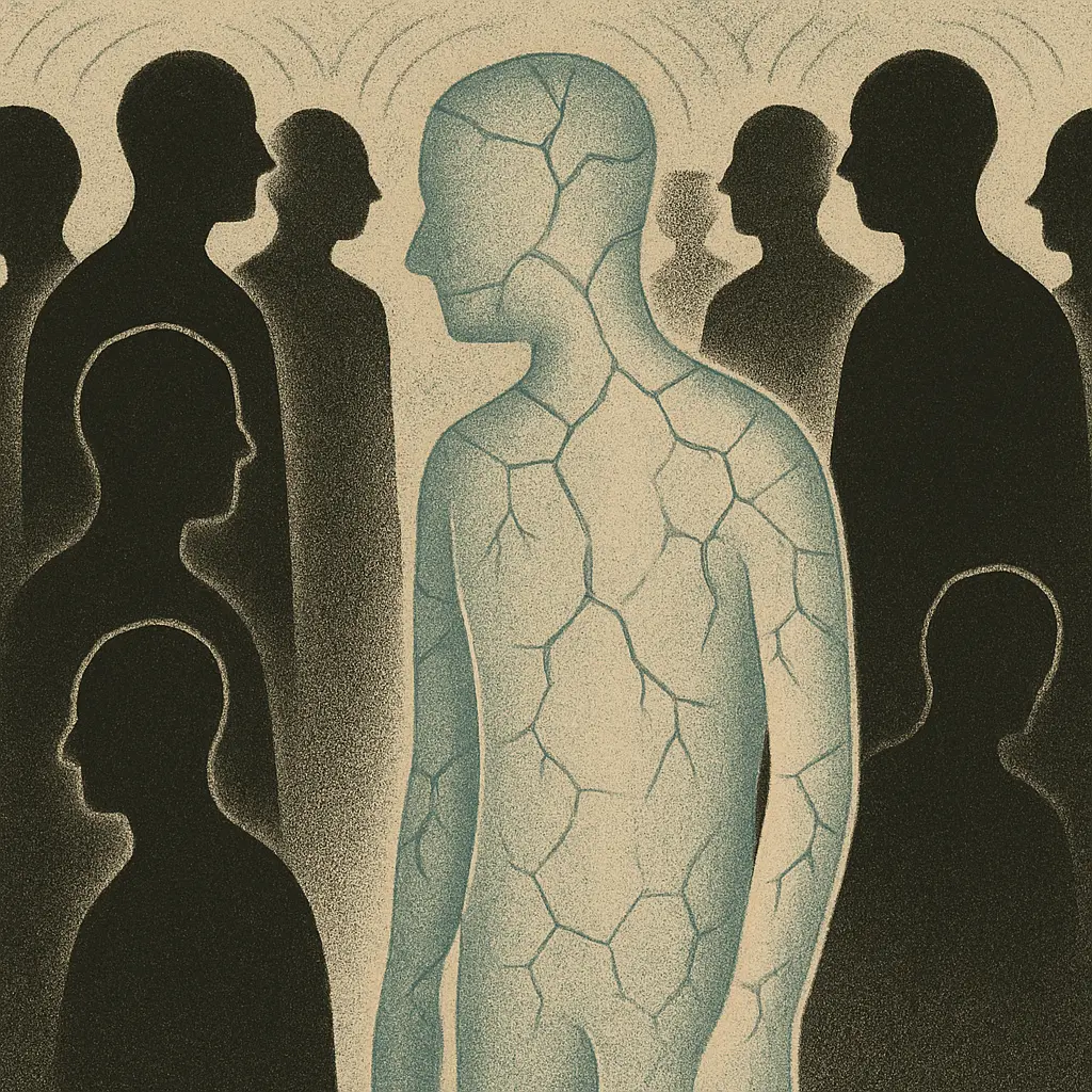 Cracked figure stands alone among faceless black silhouettes in crowd