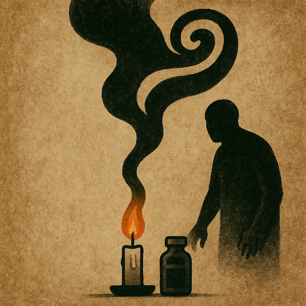 Homemade candle burning on tin can inside prison locker, producing black smoke and soot