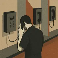 Prisoner in uniform stands with back to viewer at a wall-mounted phone, head bowed, between partitioned phone booths.