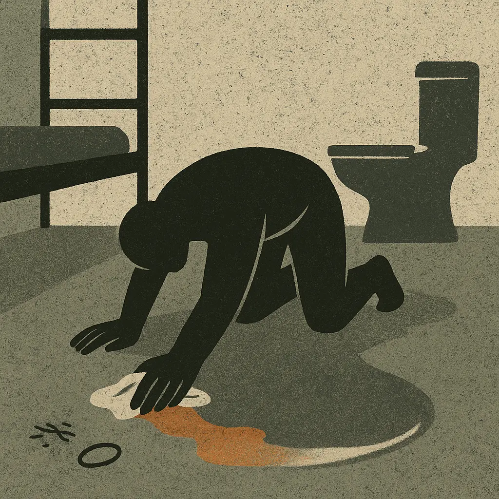 Mississippi prison inmate scrubbing concrete cell floor on hands and knees near bunk bed and metal toilet