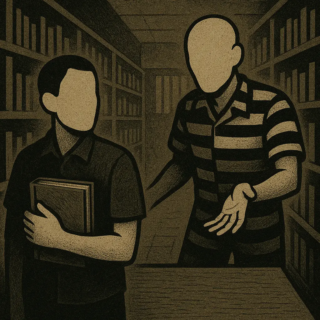Prisoner in striped uniform confronts man holding book in prison library