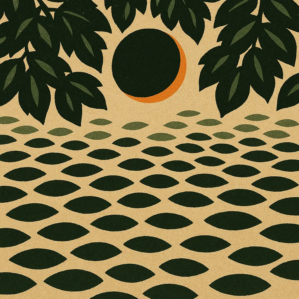 A solar eclipse shines through birch leaves, casting crescent-shaped shadows across the ground in sepia and green tones.