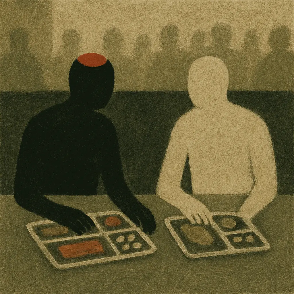 Two faceless figures sit at a table with compartmentalized food trays; one wears a red kippah.