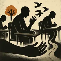 Students writing at desks in classroom with large open hand in foreground, path with trees and birds