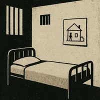 Prison cell with a simple bed and a child's drawing of a person standing by a house taped to the wall.