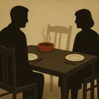 Two silhouetted figures at wooden dinner table with empty chair and steaming red bowl