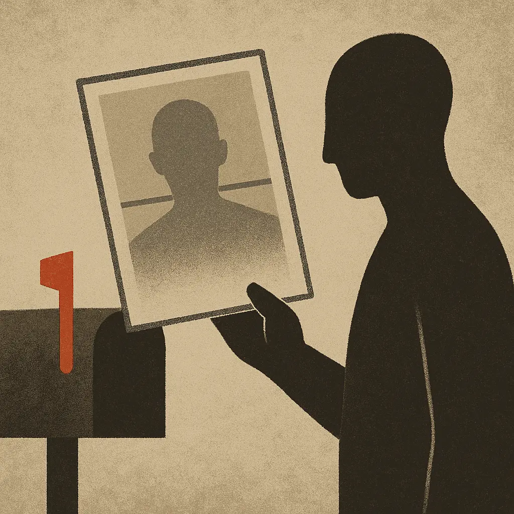 Faceless figure holding mugshot-style postcard near mailbox