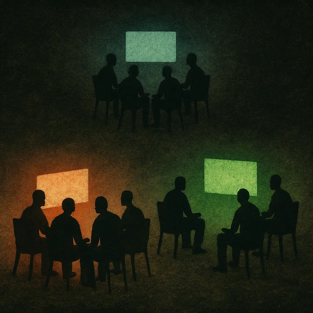 Three groups of inmates sitting around glowing televisions in prison common area