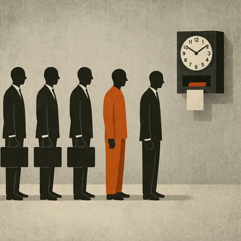 Line of faceless figures in suits holding briefcases, with one figure in an orange jumpsuit, all waiting to punch a clock on a gray wall