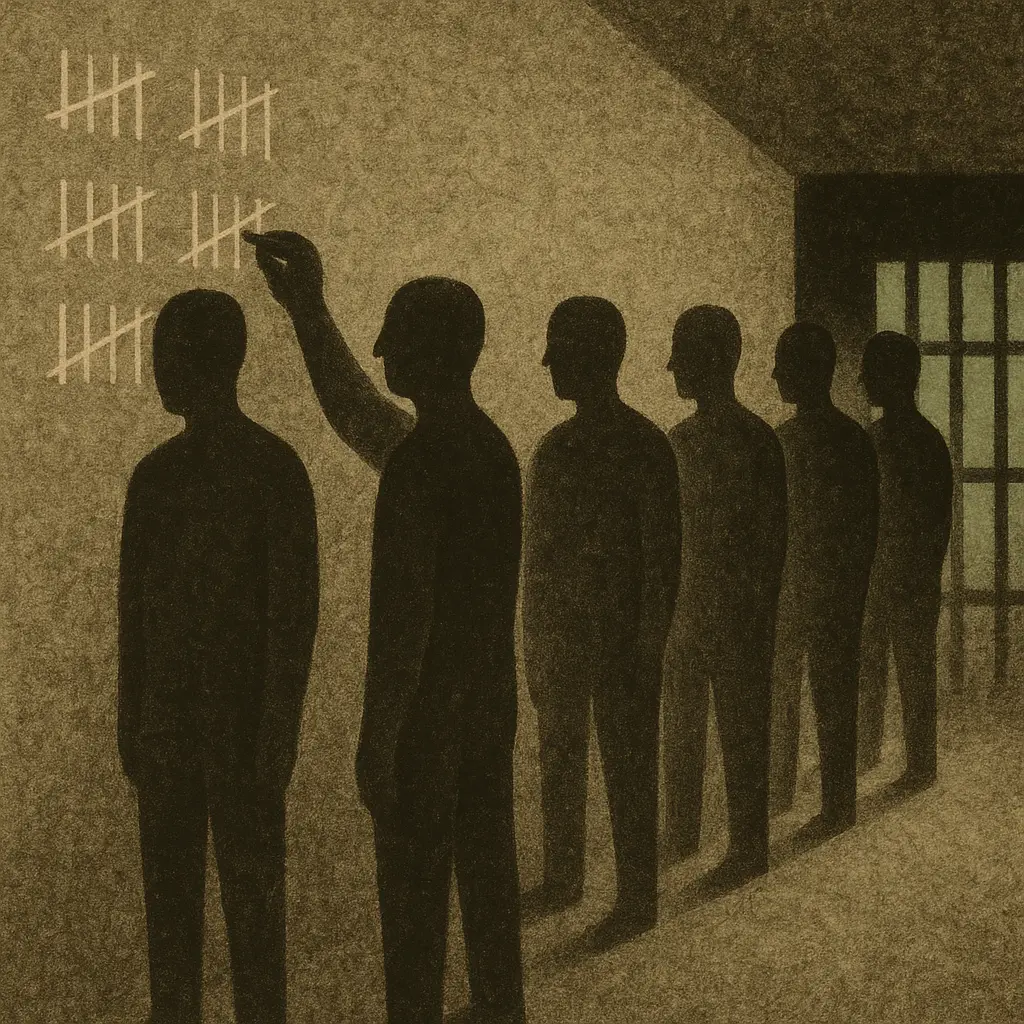 Prisoners standing in line in corridor, one person marking tally marks on wall