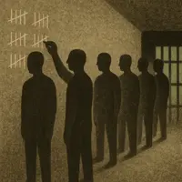 Prisoners standing in line in corridor, one person marking tally marks on wall