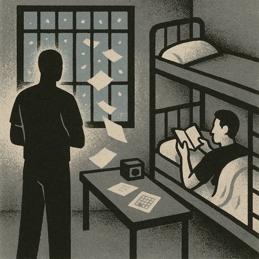 Two inmates in prison cell, one reading on bunk, other looking out barred window