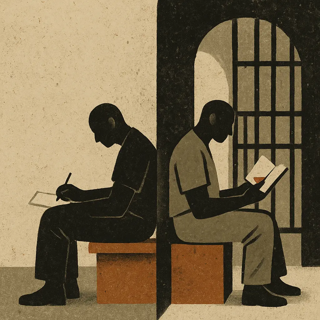 Two prisoners back-to-back on opposite sides of wall, one writing letter, other reading book