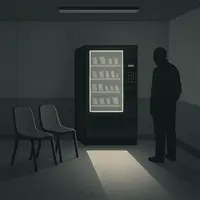 Dimly lit room with two empty chairs and a man standing by a glowing vending machine.