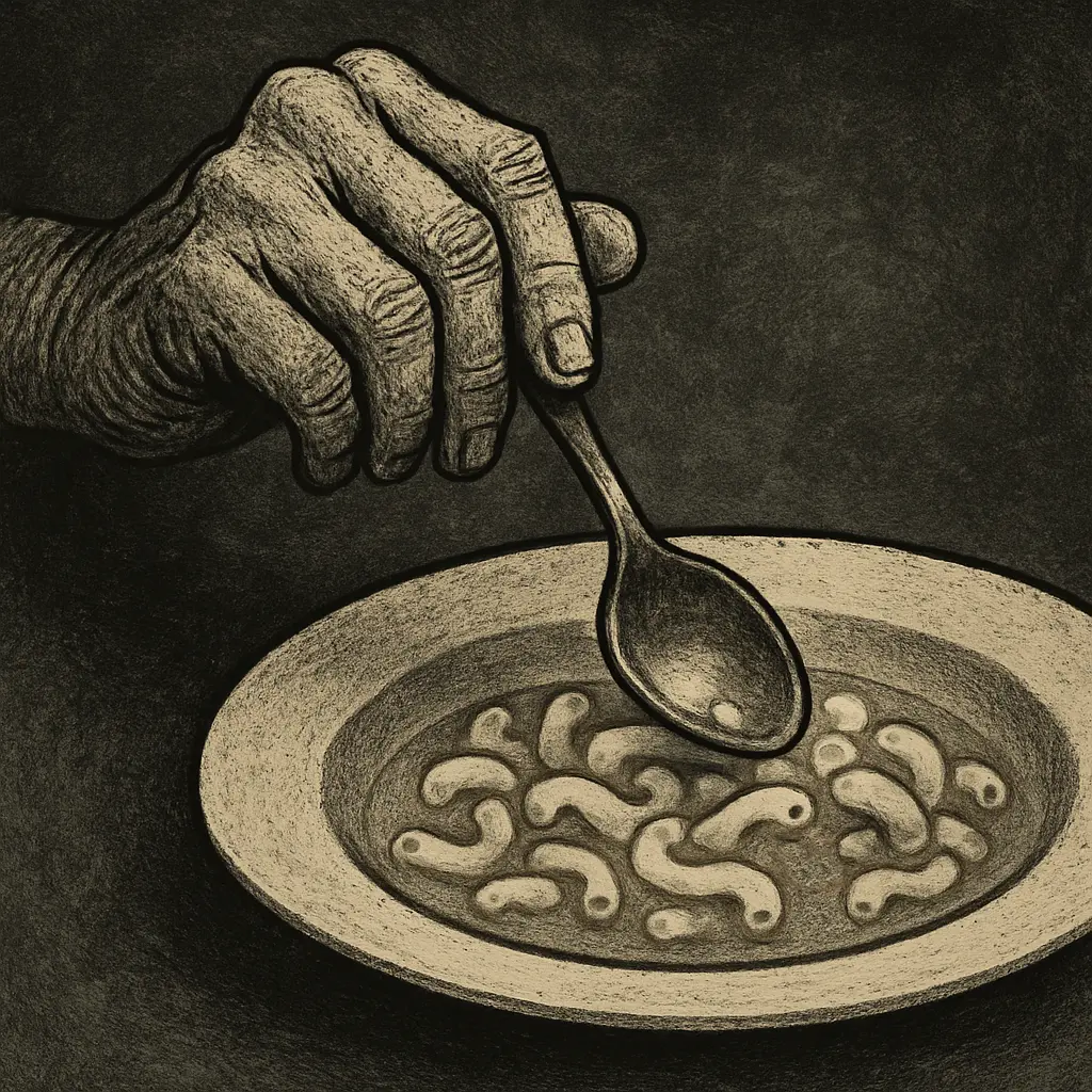 Weathered hand tightly gripping a spoon above a bowl of watery macaroni salad with a single orange slice, dark textured background.