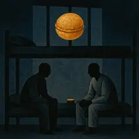 Two prisoners sitting on bunk beds in dim prison cell under macaroon-shaped moon