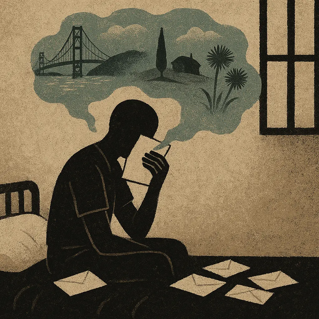 A faceless figure sits on a prison bed holding a letter, with teal mist rising to form a bridge, hills, and flowers above