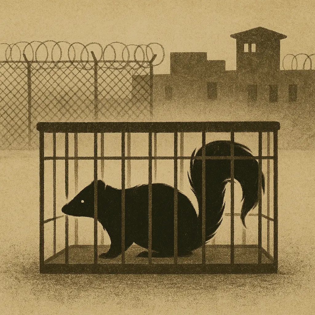 Skunk sits in a metal cage on prison grounds, with barbed wire fence and guard tower in background.