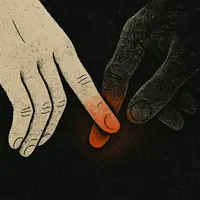 Two hands, one light and one dark, touching at fingertips with glowing contact point