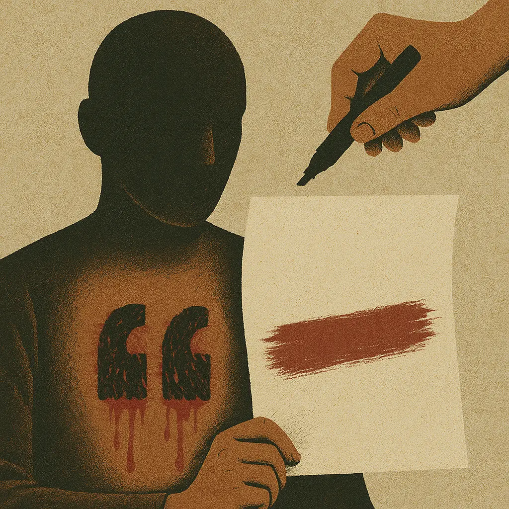 Faceless figure with quotation marks on chest holding red-stained page under poised hand