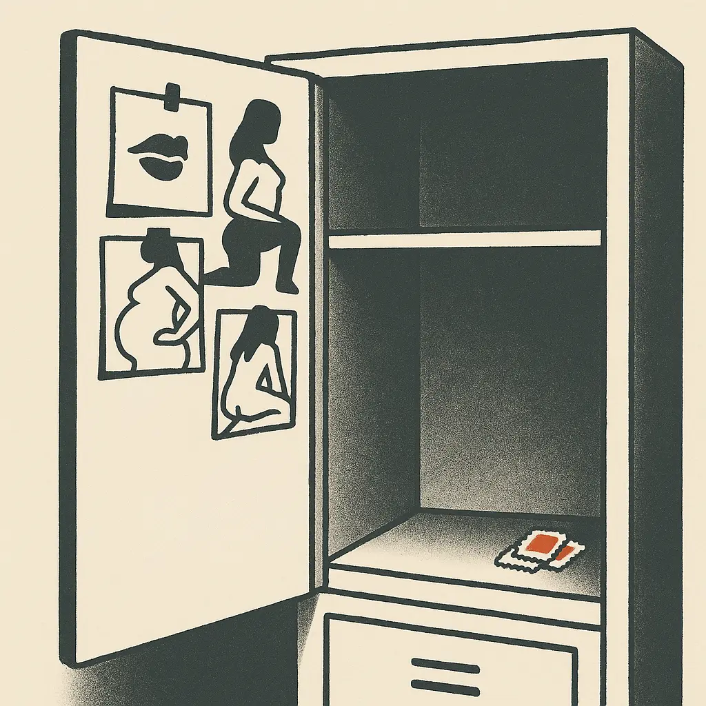 Open locker with suggestive silhouette photos pinned inside the door and three red postage stamps on the empty shelf.