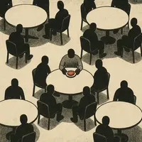 Overhead view of prison dining hall with round tables; lone figure sits at center table with red sandwich, surrounded by dark silhouettes